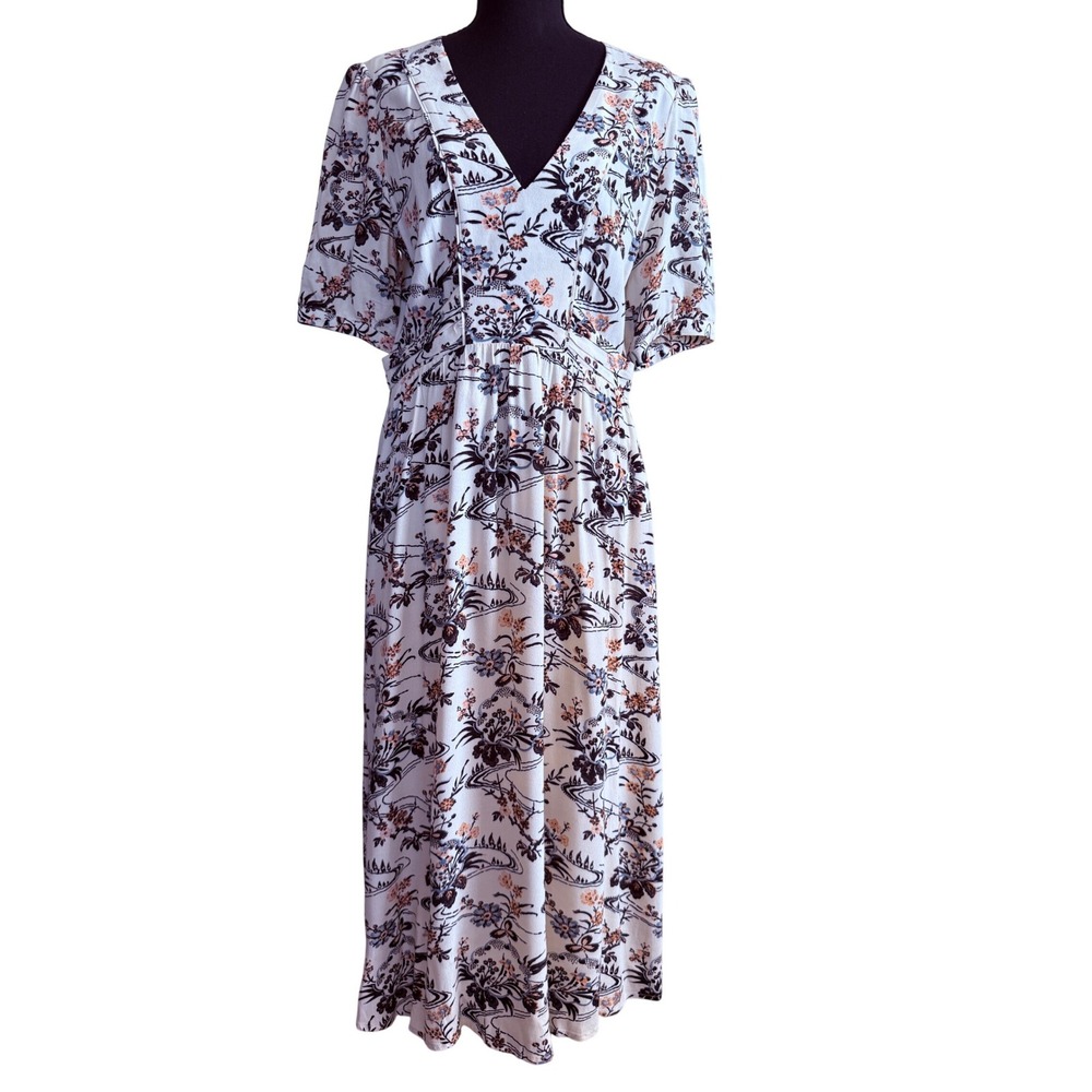 Ba&sh Women Floe Midi Dress Ecru Floral V-Neck Short Sleeve Size 6 Cottage Boho
